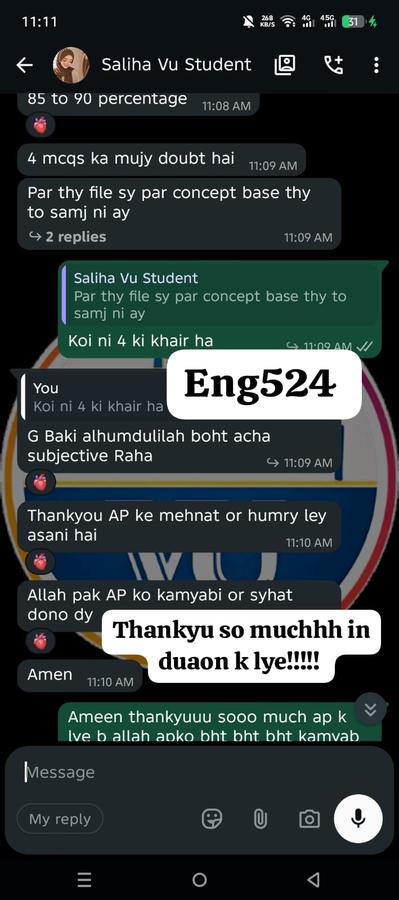 ENG524 student thanking Nibaha Haq
